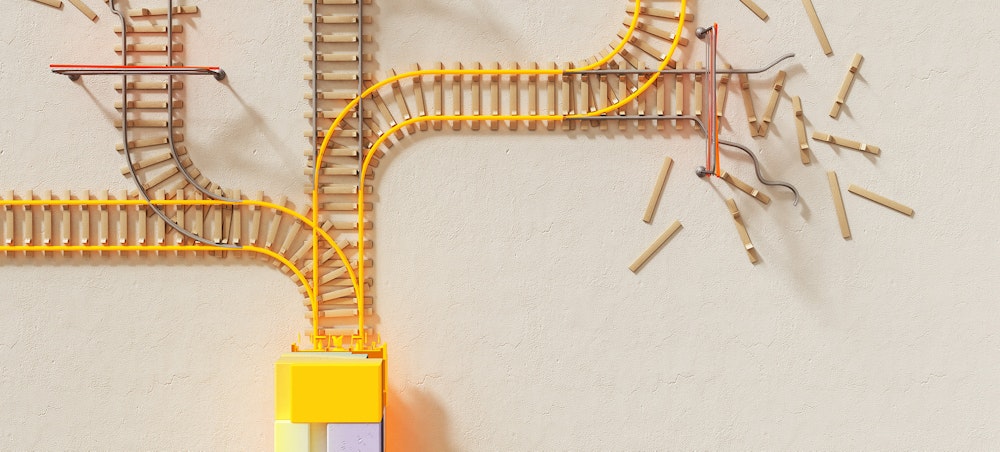 An Image using a 3d rendering of train tracks to simulate AI training.