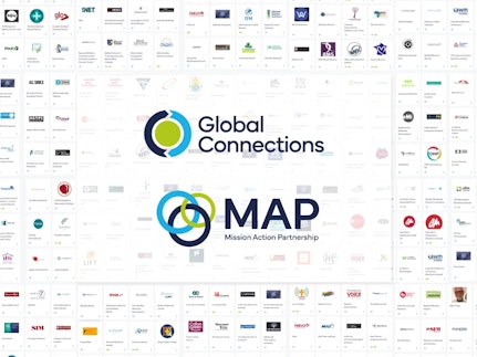 The Global Connections and MAP logo floating over the hundreds of logos that make up the network
