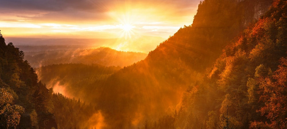 Glorious sunrise through clouds, over forested mountain.