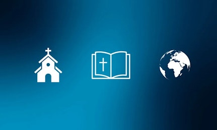 Icons of a church, a bible and the globe on a blue background