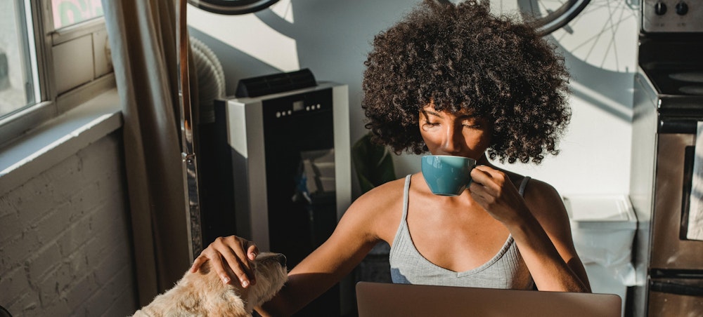 Lady working remotely drinking and stroking a dog.